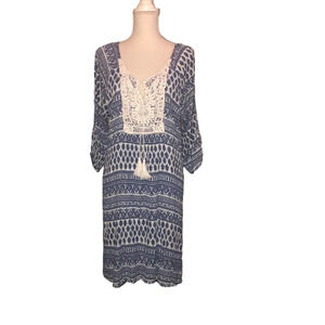 RUE JUJU Sz XL Womens Blue & White Gauze 3/4 Length Sleeve Cold Shoulder Dress